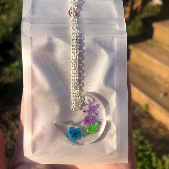 Crescent moon flower necklace silver chain 18 inch